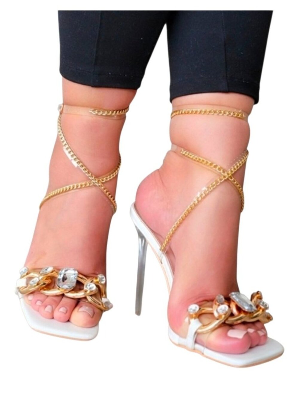 Gold & White Strappy High Heels With Rhinestone Chain Detailing & Clear Stiletto - Picture 10 of 10